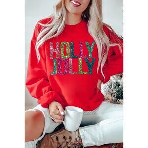 Red HOLLY JOLLY Printing Christmas Pullover Sweatshirt